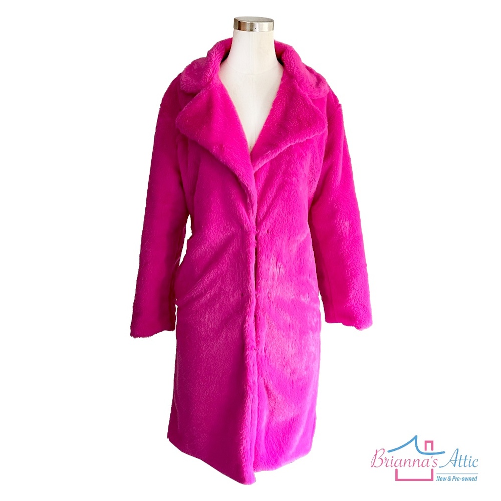 Women's Plush Faux Fuzzy Fur Hot Pink Jacket Coat Side Pockets Size L